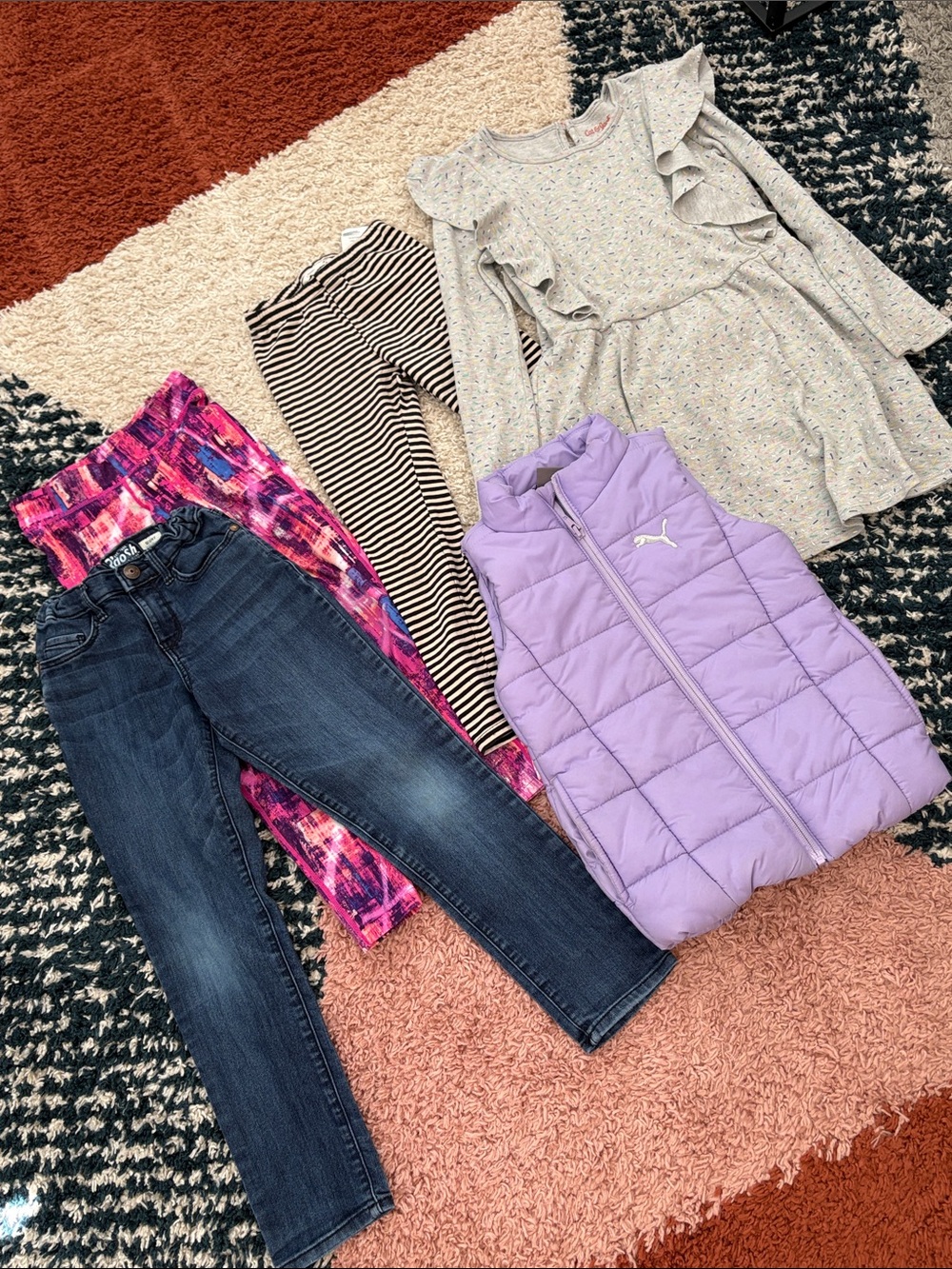 Girls Assorted: Puma Quilted Vest with Girls' Layering Jeans, Leggings, Dress